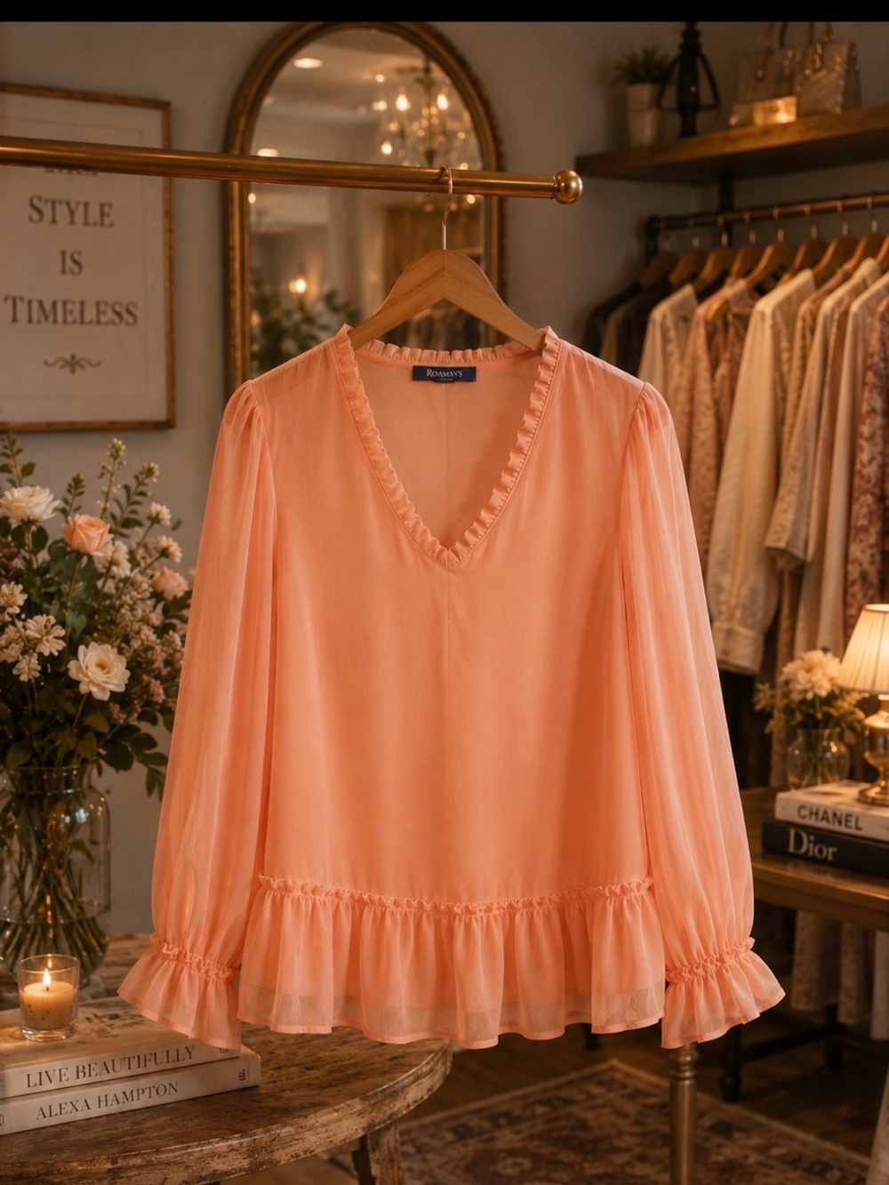 Roaman's Peach Ruffle V-Neck Long Sleeve Blouse